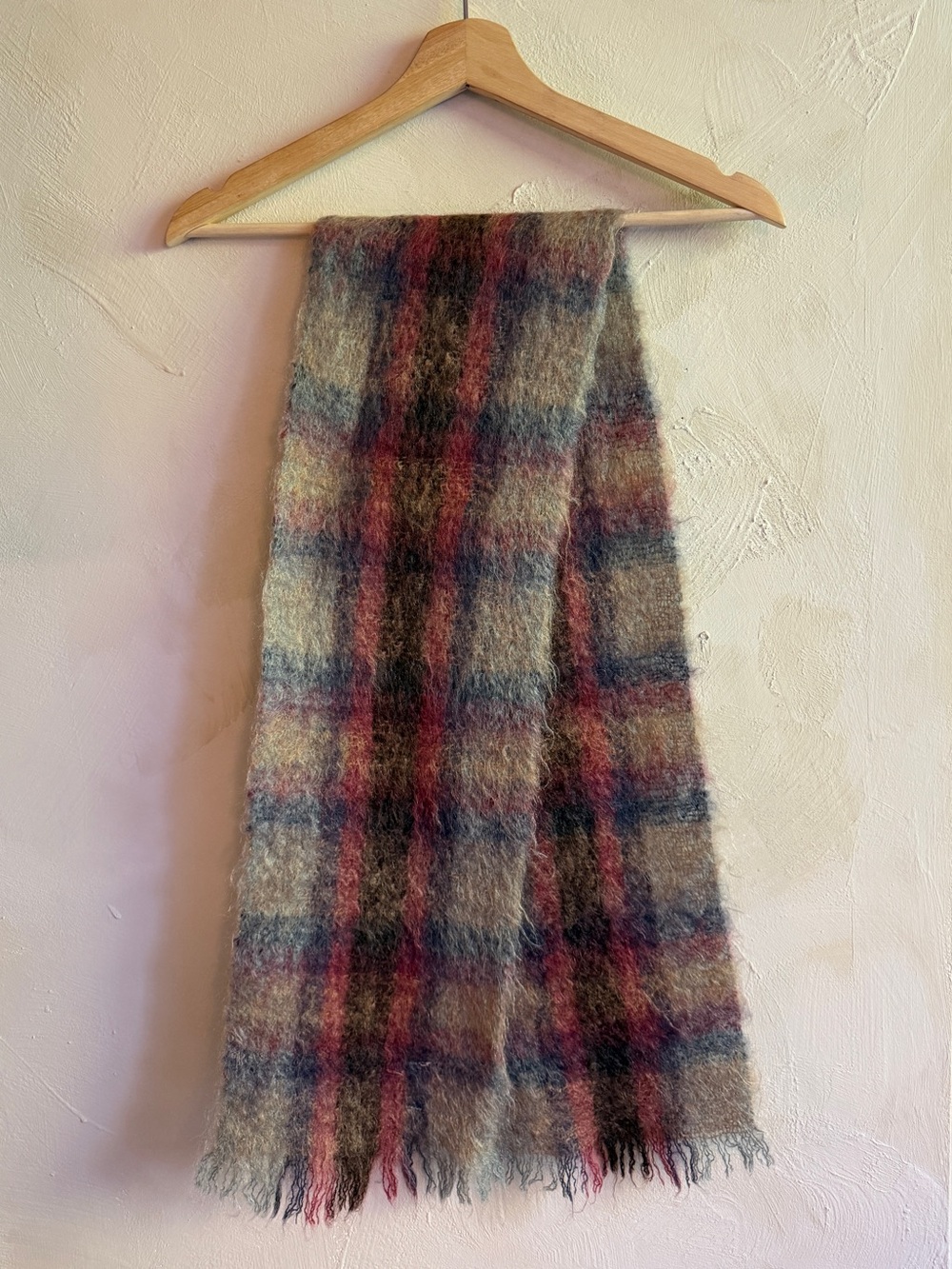 Vintage Glen Cree Scotland Glen Tarff Mohair Wool Plaid Scarf Blue Burgundy Tan